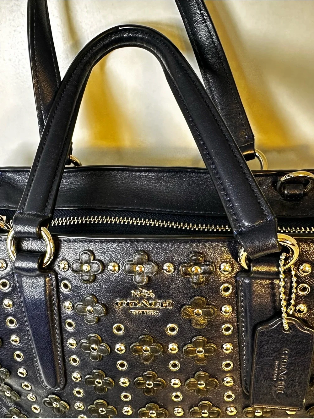Coach Navy Blue Leather Studded Floral Satchel with Removable Strap - Picture 4 of 13